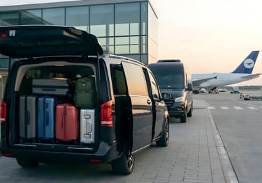 Juodas Mercedes-Benz mikroautobusas oro uoste su atidaryta bagažine ir lagaminais