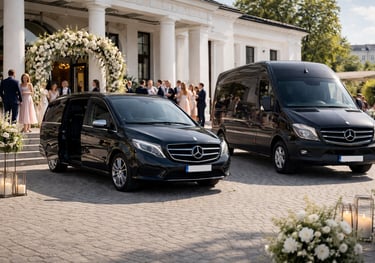 Mercedes-Benz mikroautobusai prie renginio vietos su svečiais ir dekoracijomis