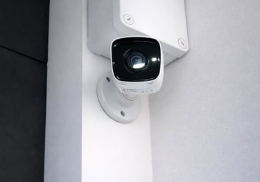 Cámara de seguridad blanca con caja de conexiones impermeable