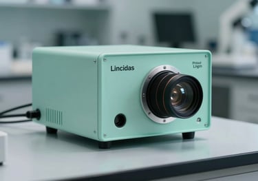 A close-up of a high-tech sensor device on a table in a modern North American / Canadian laboratory, softly lit with arctic mint light.