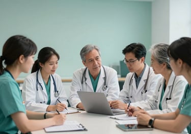 A group of medical professionals in a North American / Canadian university conference room collaborating on a project, with soft forest teal and arctic mint interior colors.