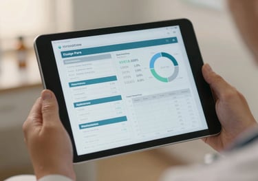 A focused shot of a medical tablet showing health metrics and goals, held by a professional in a North American / Canadian clinic setting. Warm, natural lighting.