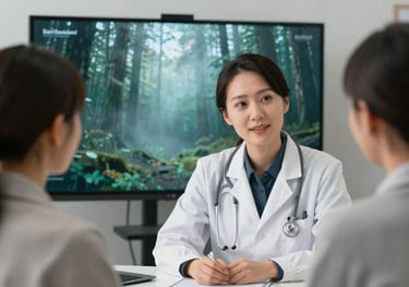 A professional consultation between a doctor and a patient in a North American / Canadian office, focusing on a screen with sage mist and forest teal graphics.