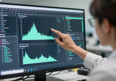 A professional analyzing a complex digital interface on a screen in a North American / Canadian research hub, showing data in arctic mint.