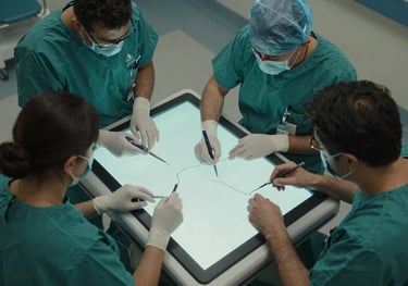 An aerial view of a medical team collaborating around a digital table in a North American / Canadian hospital, using forest teal tools.