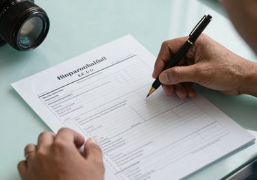 A detailed shot of hands organizing official immigration forms and a checklist on a light aqua desk, professional atmosphere, Global / Hispanohablante con enfoque en EE. UU.