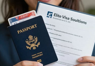 A close-up of a happy person holding their passport with a new US visa and a folder from Elite Visa Solutions, smiling with relief, Global / Hispanohablante con enfoque en EE. UU.