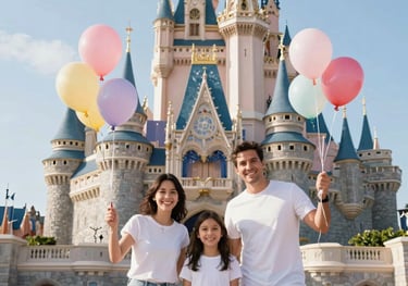 A joyful family of three posing in front of the iconic theme park castle in Orlando, holding colorful balloons, bright sunny day, Global / Hispanohablante con enfoque en EE. UU.