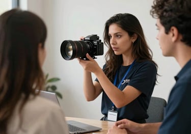 An agency team member conducting a professional photo session for a client to meet strict visa requirements, studio lighting, Global / Hispanohablante con enfoque en EE. UU.