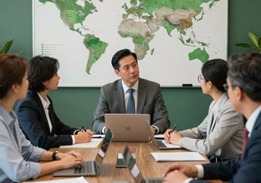 A group of professionals in a meeting room with a world map on the wall, planning immigration strategies, forest green accents, Global / Hispanohablante con enfoque en EE. UU.