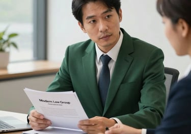 A professional immigration lawyer from Modern Law Group in a deep green suit discussing a case file with a client in a bright office, Global / Hispanohablante con enfoque en EE. UU.
