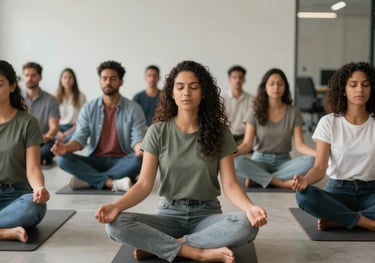 A group of diverse South American / Brazilian professionals participating in a guided meditation session inside a contemporary office space, peaceful expressions, soft lighting.