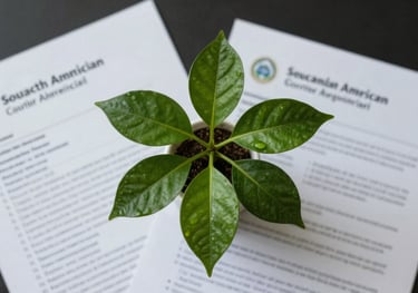 A minimalist, artistic shot of a healthy green plant growing next to professional documents, symbolizing growth and health in a corporate South American / Brazilian context.