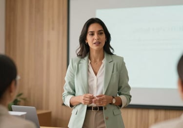A professional South American / Brazilian woman leading an engaging corporate workshop in a bright, modern room, natural wood textures, brand colors of soft sage and cream.