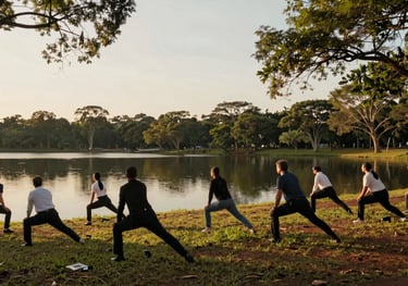 A tranquil outdoor scene in Brasília, South America, where a corporate team is practicing light stretching near a lake, surrounded by native trees, warm sunset light.