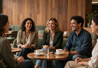A collaborative South American / Brazilian team laughing together in a sophisticated lounge area, warm wood tones and soft green accents, positive workplace culture.
