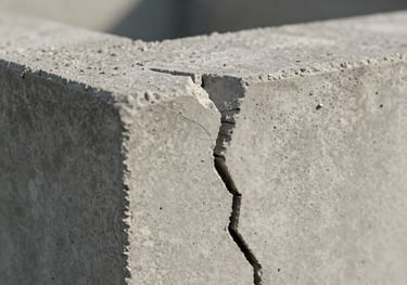 Close-up macro of a concrete structure showing a specific stress crack, professionally lit for technical documentation, architectural engineering style.