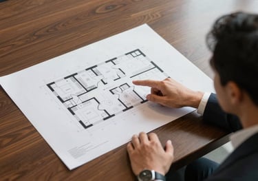 Overhead view of a meeting room where a professional points at a complex building floor plan, high-quality materials, elegant Brazilian corporate atmosphere.