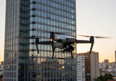 A high-precision surveying drone hovering near the facade of a modern glass and steel building, Brazilian urban skyline in background, sunset light.