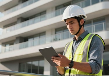 A focused civil engineer in a professional white helmet inspecting a luxury balcony structure with a digital tablet, South American setting, high-end residential building.