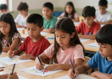 A diverse group of South American children participating in an extracurricular art workshop, focus on creativity and joy, photography.