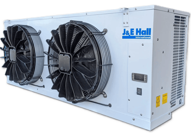 White J & E Hall commercial refrigeration condensing unit with dual fans for cellar cooling systems.