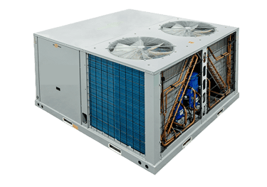 Industrial rooftop HVAC unit showing interior components, large cooling fans and copper coils