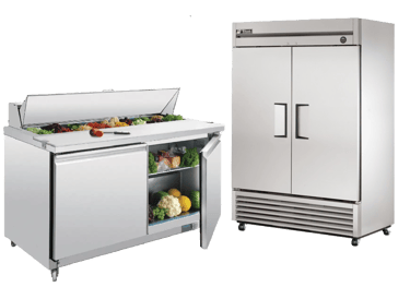 Stainless steel commercial upright refrigerator and refrigerated prep table