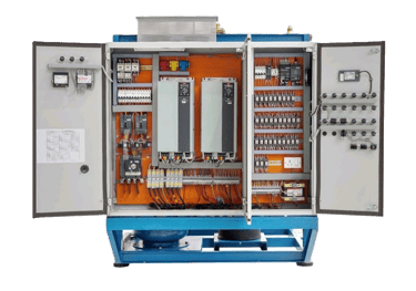 Industrial electrical control panel with VFD drives, circuit breakers, and complex wiring systems.