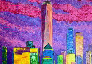 a painting of a New York City's downtown skyline by Tyler Witt