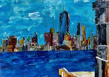 a painting of New York City skyline with a view of downtown NYC