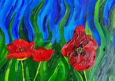 a painting of red Poppie flowers on a blue background by Tyler Witt
