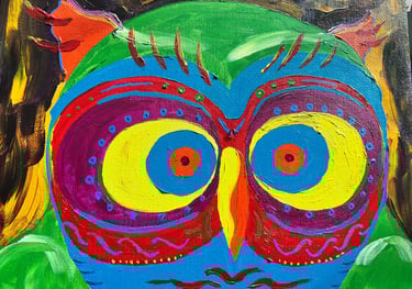 a colorful owl painting of a sun seeking owl by Tyler Witt