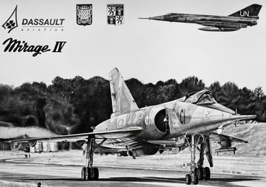 Dessin réaliste en noir et blanc du Mirage IV