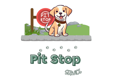 Julia's Pet Pals dog mascot in front of a pit stop sign outside in Massachusetts with the text 'pit stop service' underneath