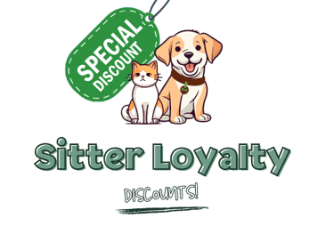 Julia's Pet Pals in Boston MA siter loyalty program featuring a cat and dog mascot and a ticket that says 'special discount'