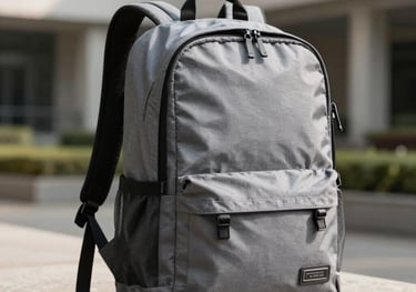 A stylish and modern gray backpack for college students, shown in a trendy urban campus setting in Hyderabad, India. The sunlight hits the fabric, showing its water-resistant quality and contemporary aesthetic.