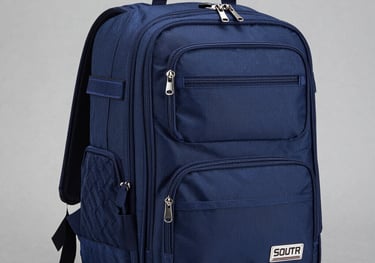A professional product shot of a high-quality navy blue school bag with multiple compartments, placed against a clean silver gray background. The lighting is crisp, highlighting the durable zippers and fabric. South Asian / Indian school context.