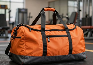 A vibrant orange and slate gray sports duffel bag, photographed in a well-lit indoor gym environment in India. The bag looks sturdy and spacious, perfect for travel or athletic use. South Asian / Indian setting.