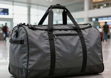 A large, heavy-duty travel duffel bag in slate gray, shown in a travel-ready South Asian / Indian airport setting. The lighting is bright and industrial, emphasizing the bag's capacity and rugged construction.