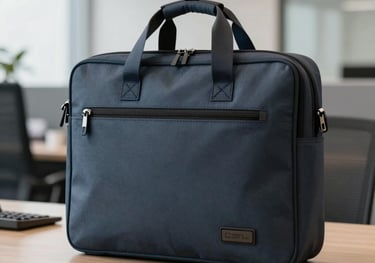 A professional laptop bag in charcoal blue, placed on an office desk in a high-tech corporate office in Hyderabad. The shot is sharp and clean, focusing on the functionality and modern style of the bag.