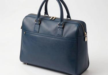 A studio shot of a professional charcoal blue executive office bag on a cloud white surface. The composition is clean and minimalist, showcasing the bag's sophisticated design and premium stitching.