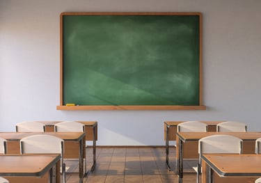 a classroom with desks and chairs and a chalkboard