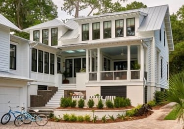 A screened in porch on the beautiful house. 