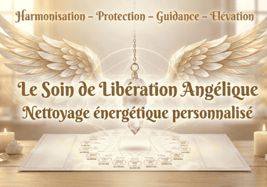 Soin de libération angélique et nettoyage énergétique personnalisé avec pendule, ailes d'ange et bougies.