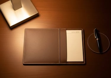 a desk with a notepad and pen 