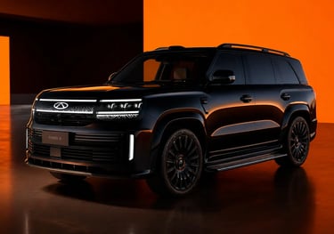 Novo SUV da Chery com 476 cv em cenário iluminado destacando design robusto e moderno