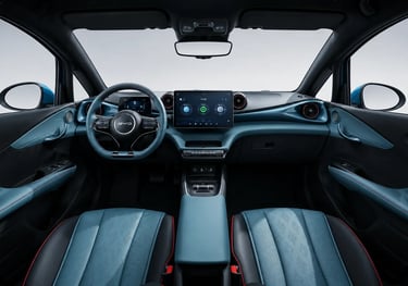 Interior do BYD Dolphin Plus com painel digital e cabine moderna em visão panorâmica.