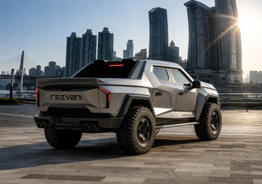 Picape futurista Rezvani Fortress estacionada diante de arranha-céus