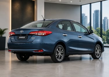 Toyota Yaris Sedan 2019 visto de traseira em showroom urbano moderno
